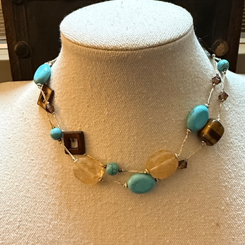 Premiere Designs Promenade Tiger’s Eye & Faux Turquoise Station Necklace.